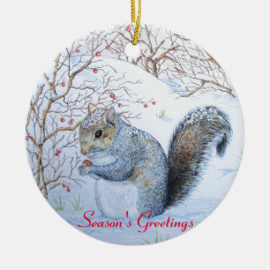 cute squirrel wildlife snow scene at christmas ceramic ornament