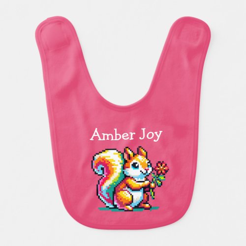 Cute Squirrel with a Flower Pixel Art Personalized Baby Bib