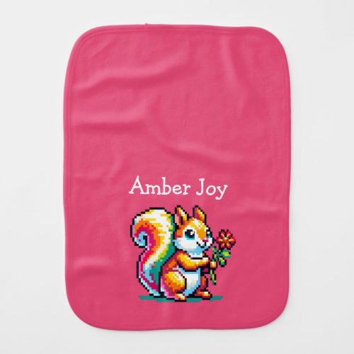 Cute Squirrel with a Flower Pixel Art Personalized Baby Burp Cloth
