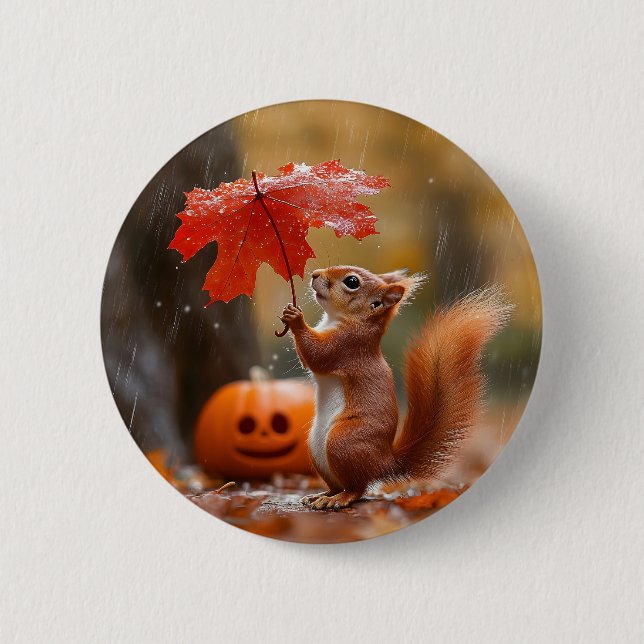 Cute Squirrel with a Leaf Umbrella - Autumn Rain Button (Front)