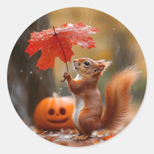 Cute Squirrel with a Leaf Umbrella - Autumn Rain Classic Round Sticker
