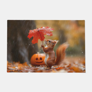Cute Squirrel with a Leaf Umbrella - Autumn Rain Doormat