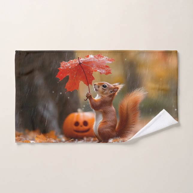 Cute Squirrel with a Leaf Umbrella - Autumn Rain Hand Towel (Hand Towel)