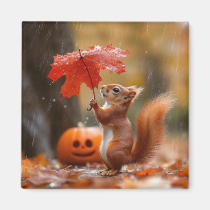 Cute Squirrel with a Leaf Umbrella - Autumn Rain Magnet