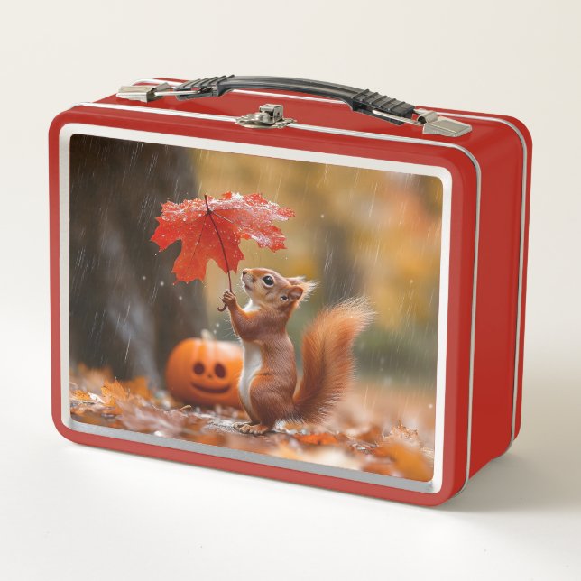 Cute Squirrel with a Leaf Umbrella - Autumn Rain Metal Lunch Box (Front)