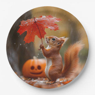 Cute Squirrel with a Leaf Umbrella - Autumn Rain Paper Plates