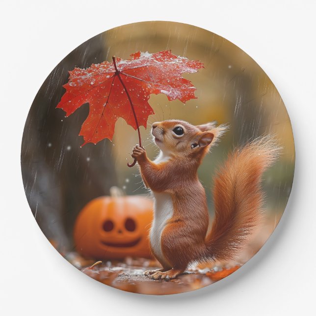 Cute Squirrel with a Leaf Umbrella - Autumn Rain Paper Plates (Front)