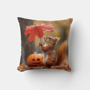 Cute Squirrel with a Leaf Umbrella - Autumn Rain Throw Pillow