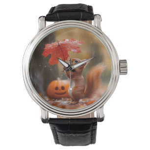 Cute Squirrel with a Leaf Umbrella - Autumn Rain Watch