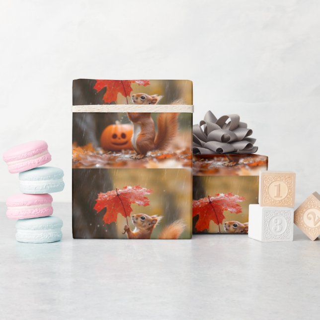 Cute Squirrel with a Leaf Umbrella - Autumn Rain Wrapping Paper (Baby Shower)