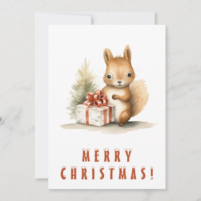 Cute Squirrel with Christmas Gift Merry Christmas Holiday Card (Front)