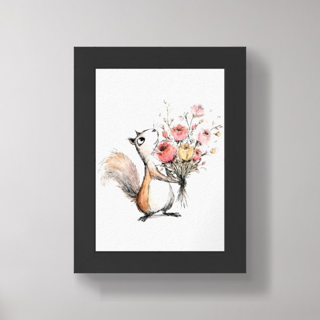 Cute Squirrel with Flower Bouquet Framed Art (Framed Front)