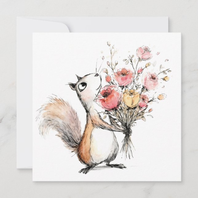 Cute Squirrel with Flower Bouquet Invitation (Front)