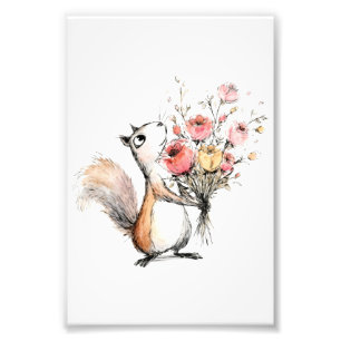 Cute Squirrel with Flower Bouquet Photo Print