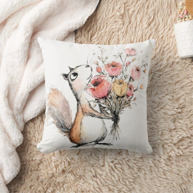 Cute Squirrel with Flower Bouquet Throw Pillow (Blanket)