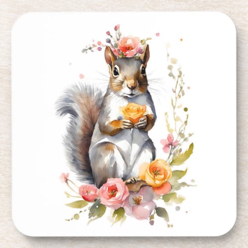 Cute Squirrel with Flowers  Beverage Coaster