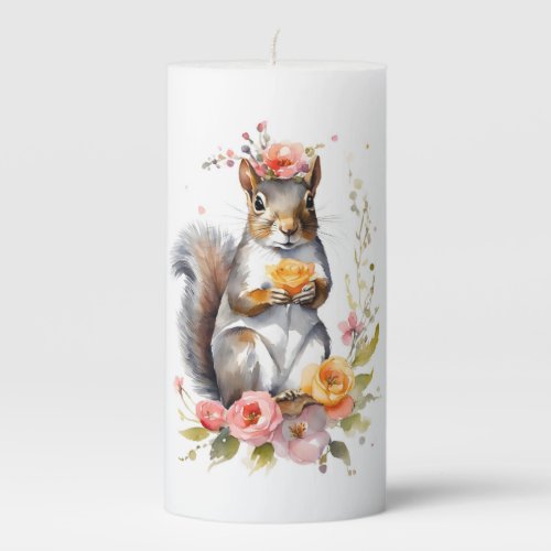 Cute Squirrel with Flowers  Pillar Candle