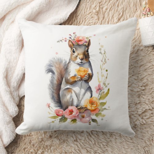 Cute Squirrel with Flowers  Throw Pillow