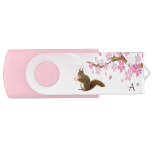 Cute squirrel with heart and pink flowers flash drive