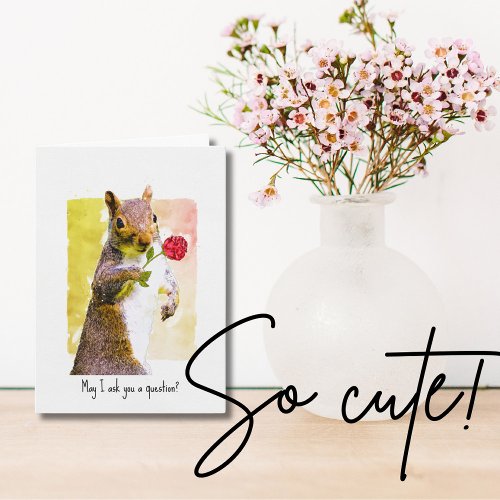 Cute Squirrel with Red Rose Watercolor Valentines Holiday Card