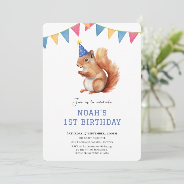 Cute Squirrel woodland birthday invitation (Standing Front)
