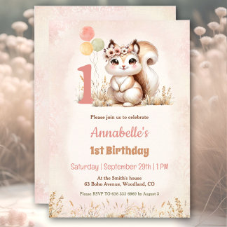 Cute Squirrel Woodland Boho Girl 1st Birthday Invitation
