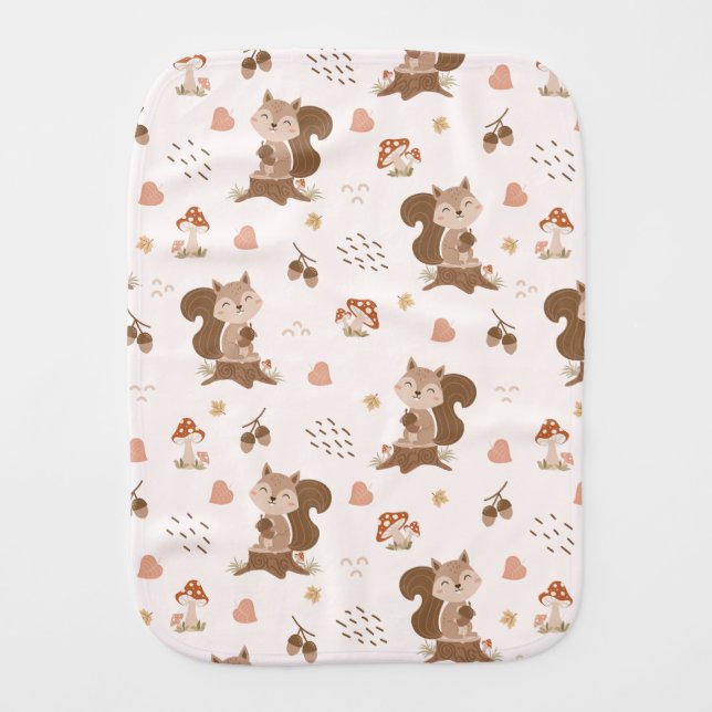 Cute Squirrel Woodland Forest Pattern Baby Burp Cloth (Front)