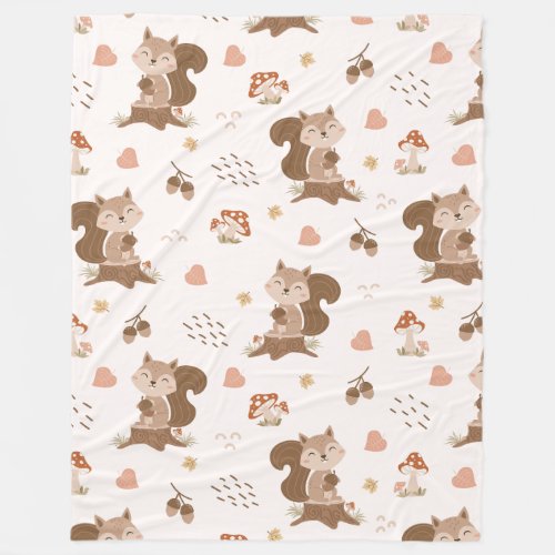 Cute Squirrel Woodland Forest Pattern Fleece Blanket