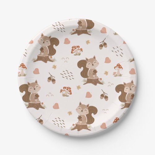 Cute Squirrel Woodland Forest Pattern Paper Plates