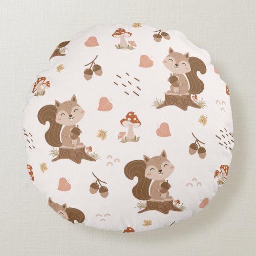 Cute Squirrel Woodland Forest Pattern Round Pillow