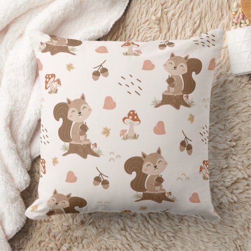 Cute Squirrel Woodland Forest Pattern Throw Pillow