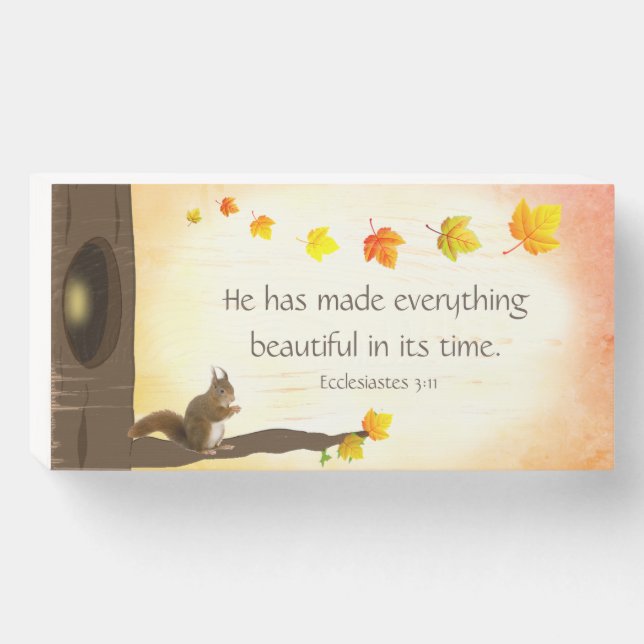 Cute Squirrell, Fall Leaves and Bible Quote Wooden Box Sign (Front Horizontal)