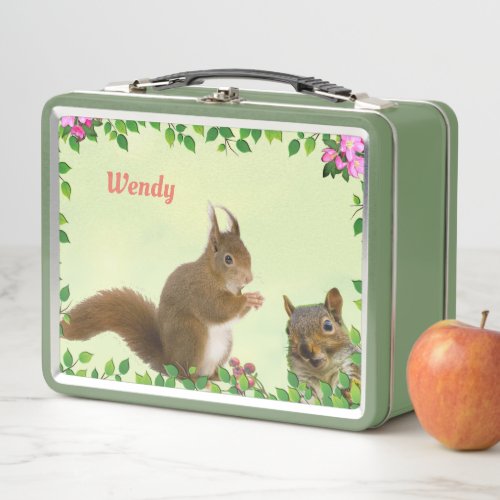 Cute Squirrels  Apple Flowers on Light Green Metal Lunch Box