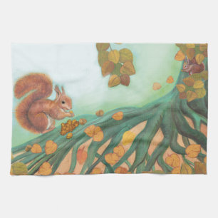 Cute Squirrels Eating Hazelnuts Illustration Kitchen Towel
