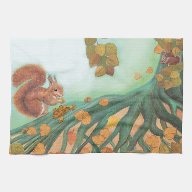 Cute Squirrels Eating Hazelnuts Illustration   Kitchen Towel (Horizontal)