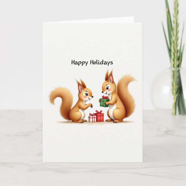Cute Squirrels Giving Gifts Happy Holidays Card (Front)
