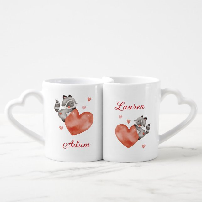 Cute Squirrels in Love Hearts Valentine's Couple Coffee Mug Set (Front Nesting)
