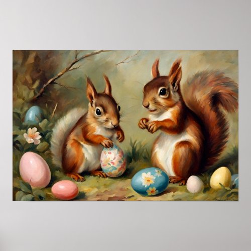 Cute Squirrels With Easter Eggs Poster