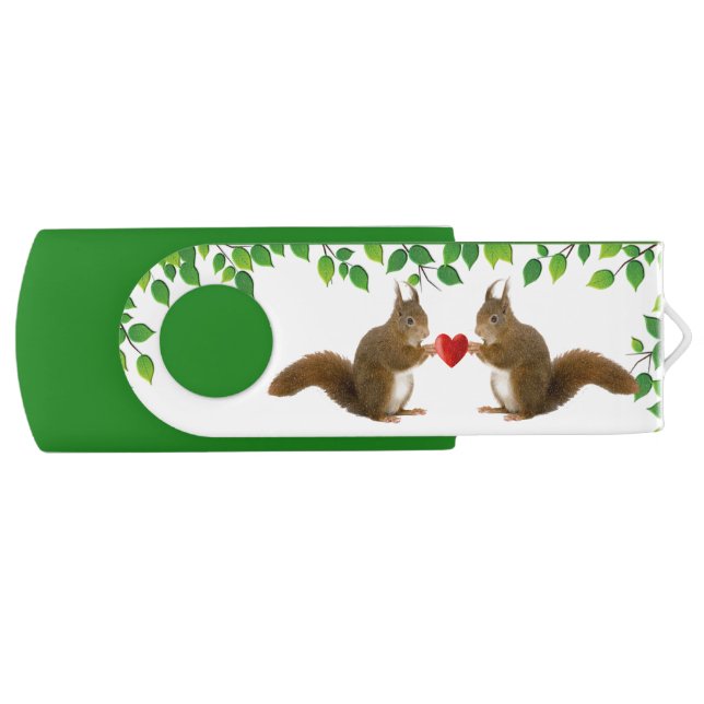 Cute squirrels with heart and plant leaves flash drive (Front)