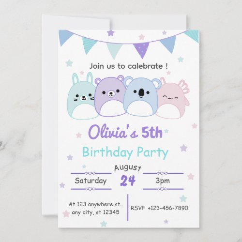 Cute Squishmallow Animal Squad Birthday Party Invitation
