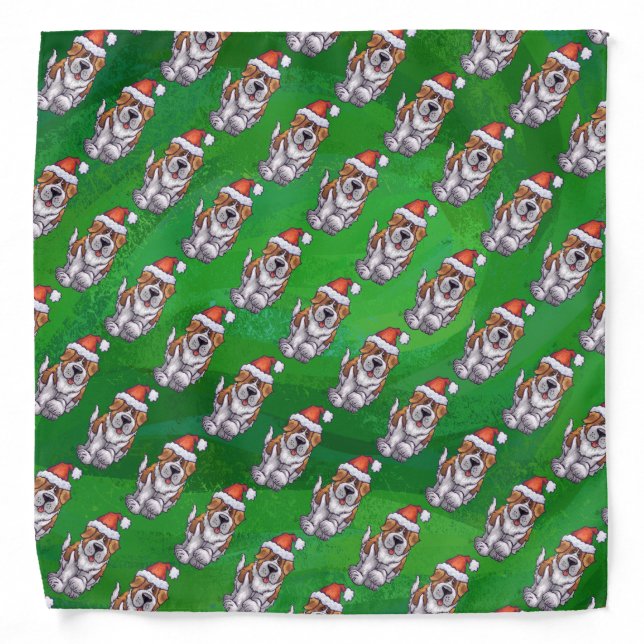 Cute St. Bernard in Hat Pattern on Green Bandana (Front)