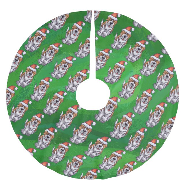 Cute St. Bernard in Hat Pattern on Green Brushed Polyester Tree Skirt (Front)