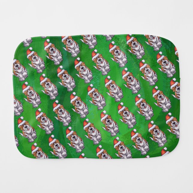 Cute St. Bernard in Hat Pattern on Green Burp Cloth (Front Horizontal)