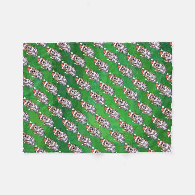 Cute St. Bernard in Hat Pattern on Green Fleece Blanket (Front (Horizontal))