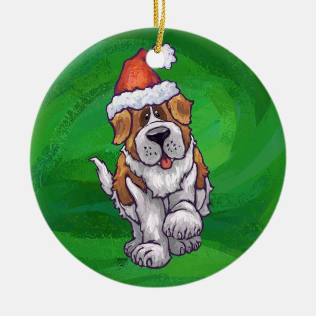 Cute St. Bernard in Santa Hat on Green Ceramic Ornament (Front)