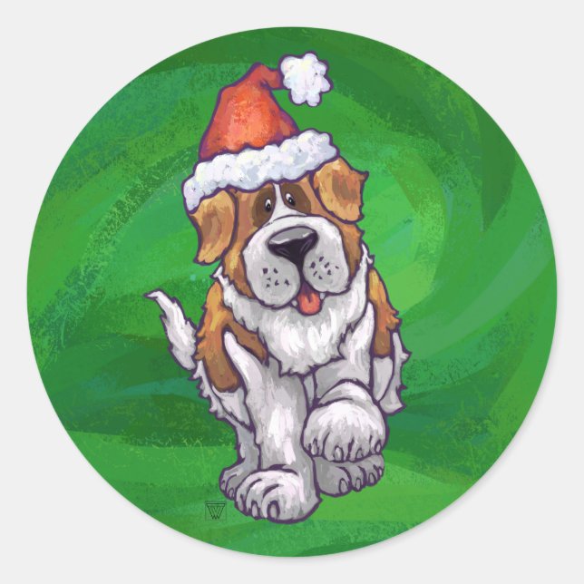 Cute St. Bernard in Santa Hat on Green Classic Round Sticker (Front)