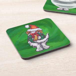 Cute St. Bernard in Santa Hat on Green Coaster