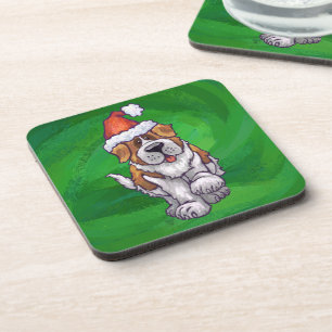 Cute St. Bernard in Santa Hat on Green Coaster
