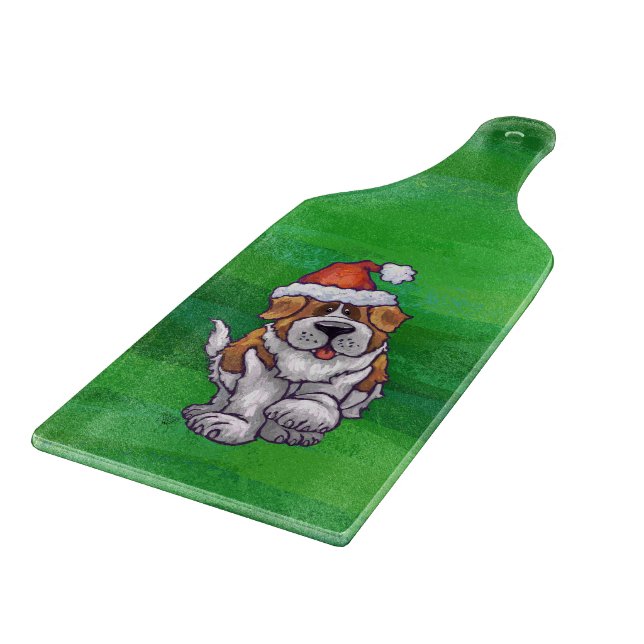 Cute St. Bernard in Santa Hat on Green Cutting Board (Corner)