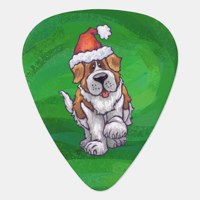 Cute St. Bernard in Santa Hat on Green Guitar Pick (Front)
